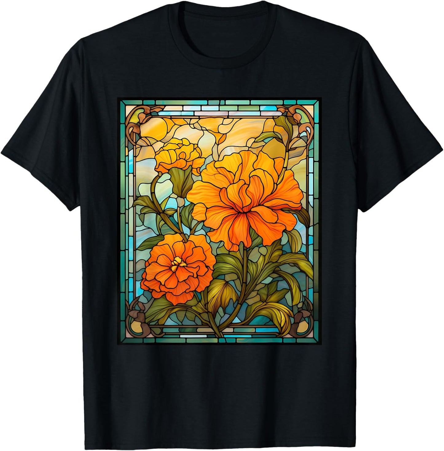 Stained Glass Style Marigold T-Shirt - T-Shirt | Black