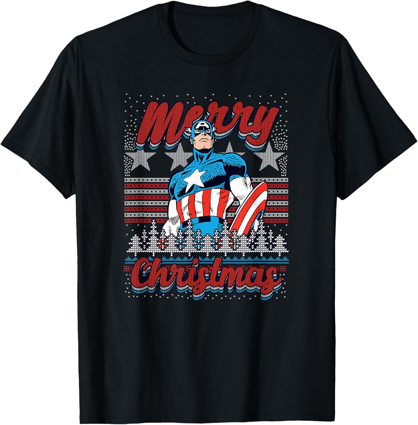 Marvel Christmas Captain America Ugly Sweater Pattern T-Shirt - T-Shirt | Black