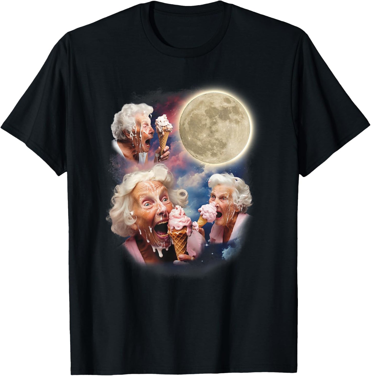 Three Granny Moon Old Ladies Licking Ice Cream Embarrassing T-Shirt - T-Shirt | Black