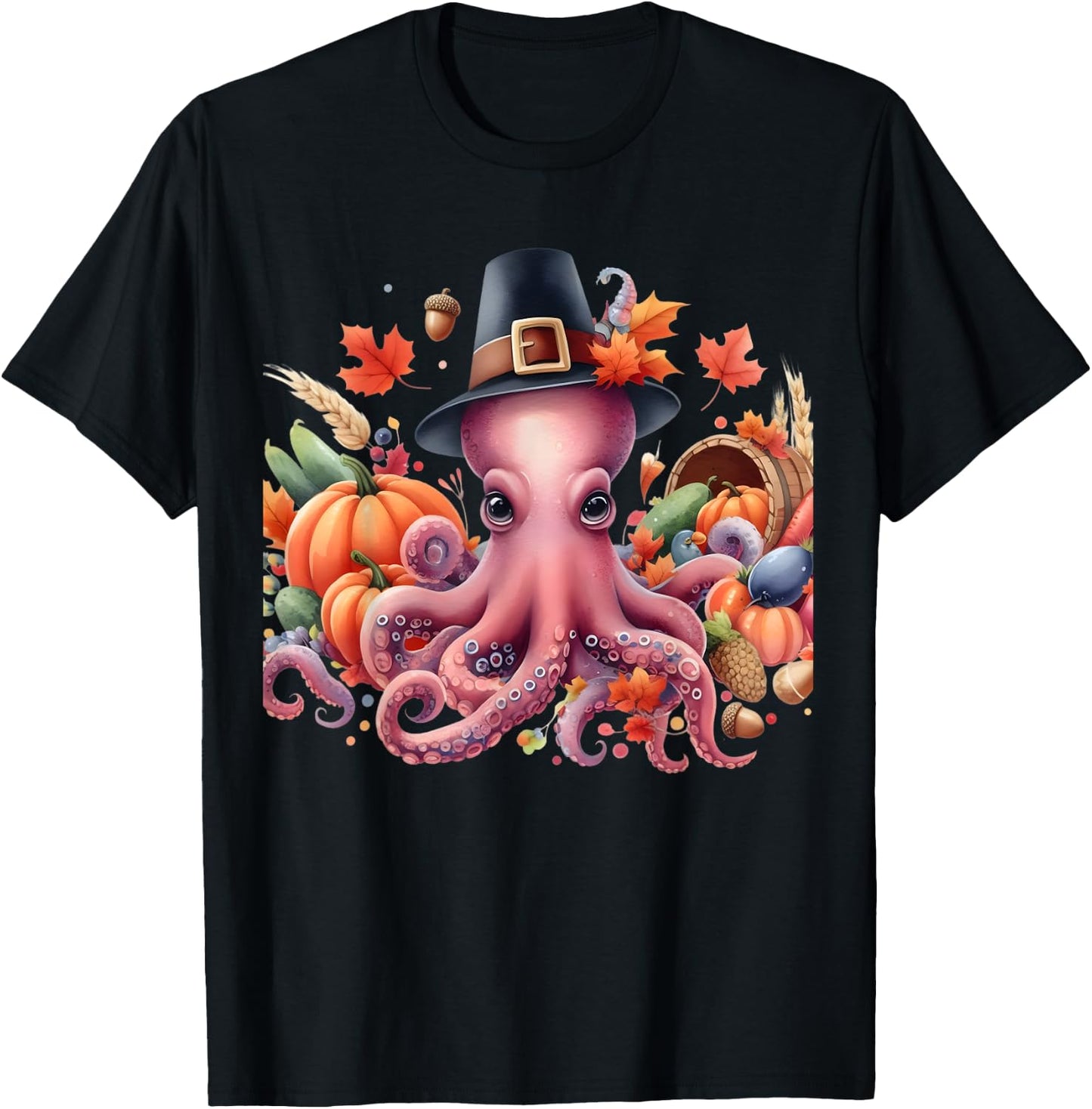 Fun and whimsical Thanksgiving Octo-Pilgrim - Octopus T-Shirt - T-Shirt | Black