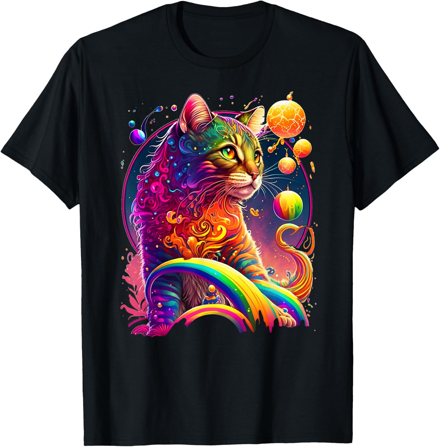 Colorful Rainbow Cat Graphic Men Women Kids T-Shirt - T-Shirt | Black