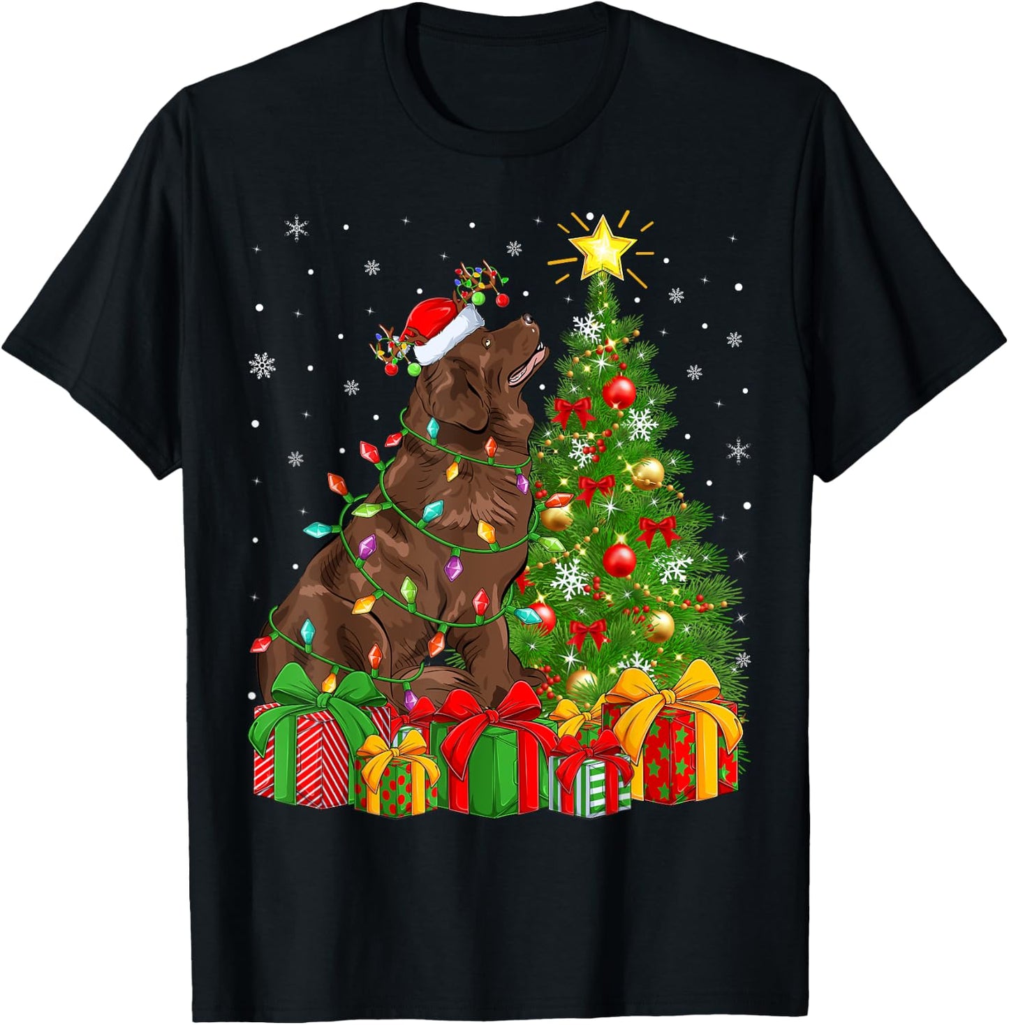 Xmas Tree Lighting Santa Newfoundland Dog Christmas Men Women Kids T-Shirt - T-Shirt | Black