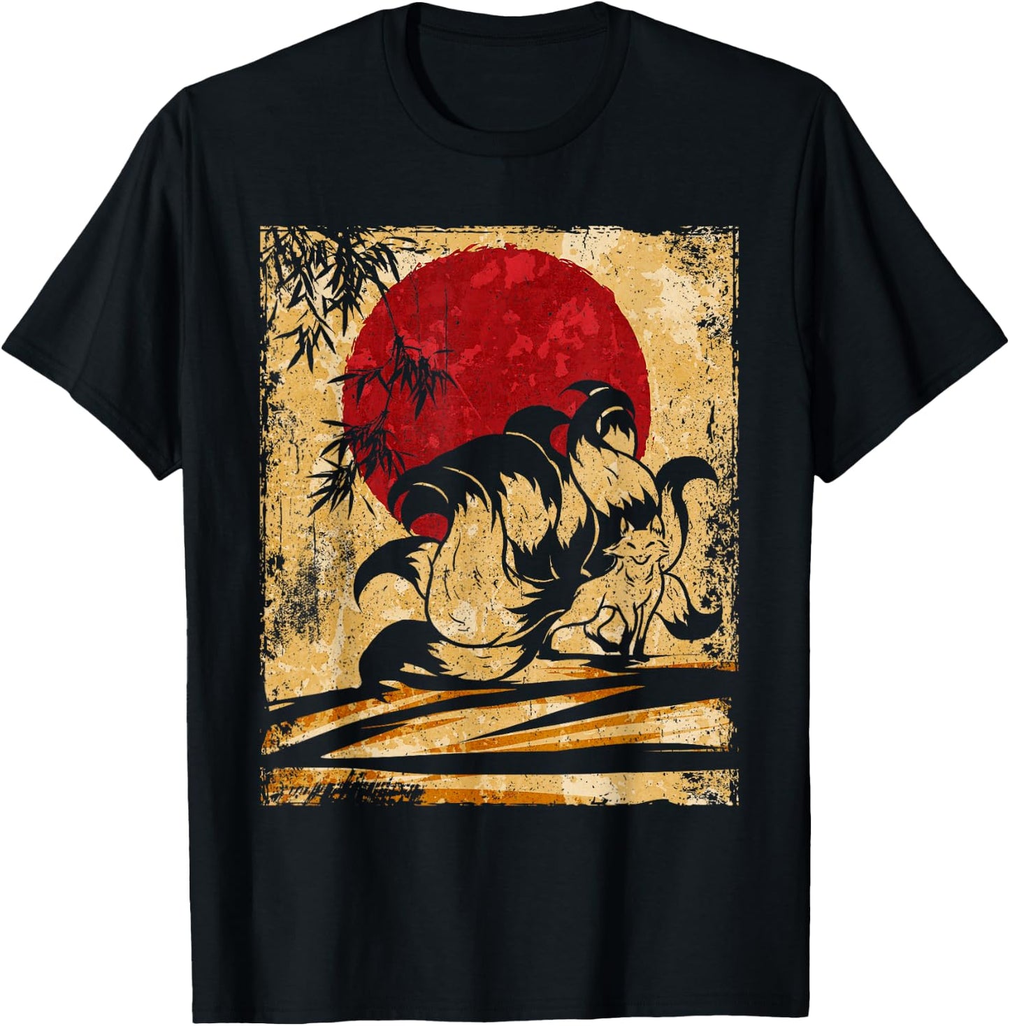 Nine-tailed fox Japanese retro art T-Shirt - T-Shirt | Black