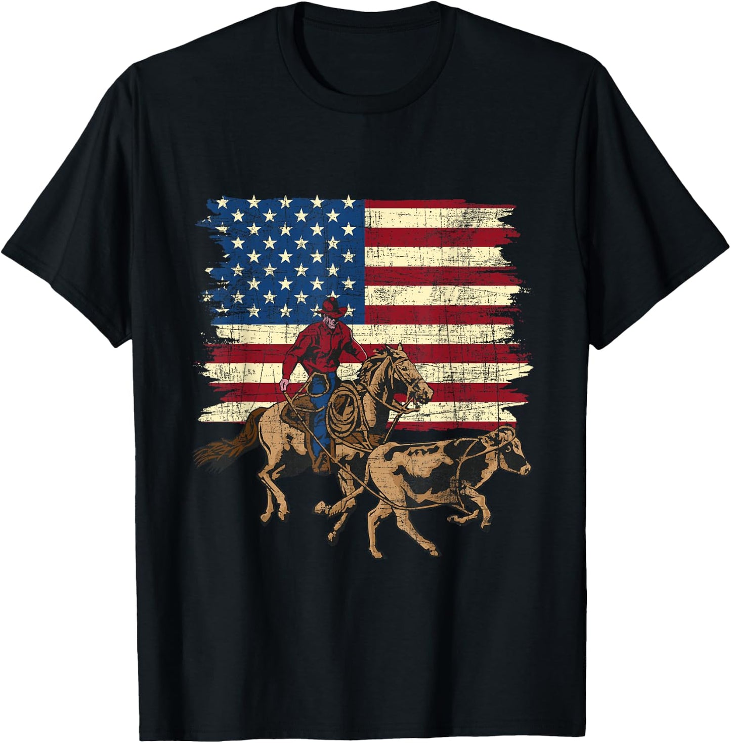 Team Roping - USA Flag Rodeo Equestrian Header Heeler Roper T-Shirt - T-Shirt | Black