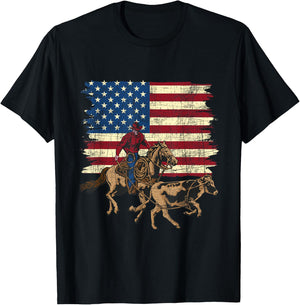 Team Roping - USA Flag Rodeo Equestrian Header Heeler Roper T-Shirt - T-Shirt | Black