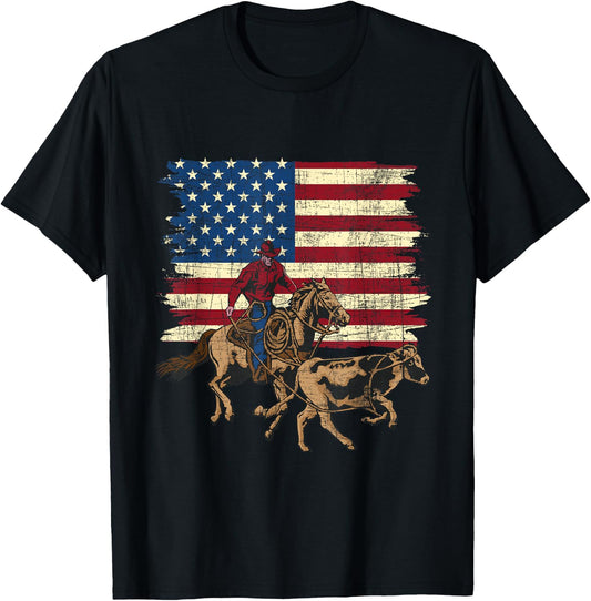 Team Roping - USA Flag Rodeo Equestrian Header Heeler Roper T-Shirt - T-Shirt | Black