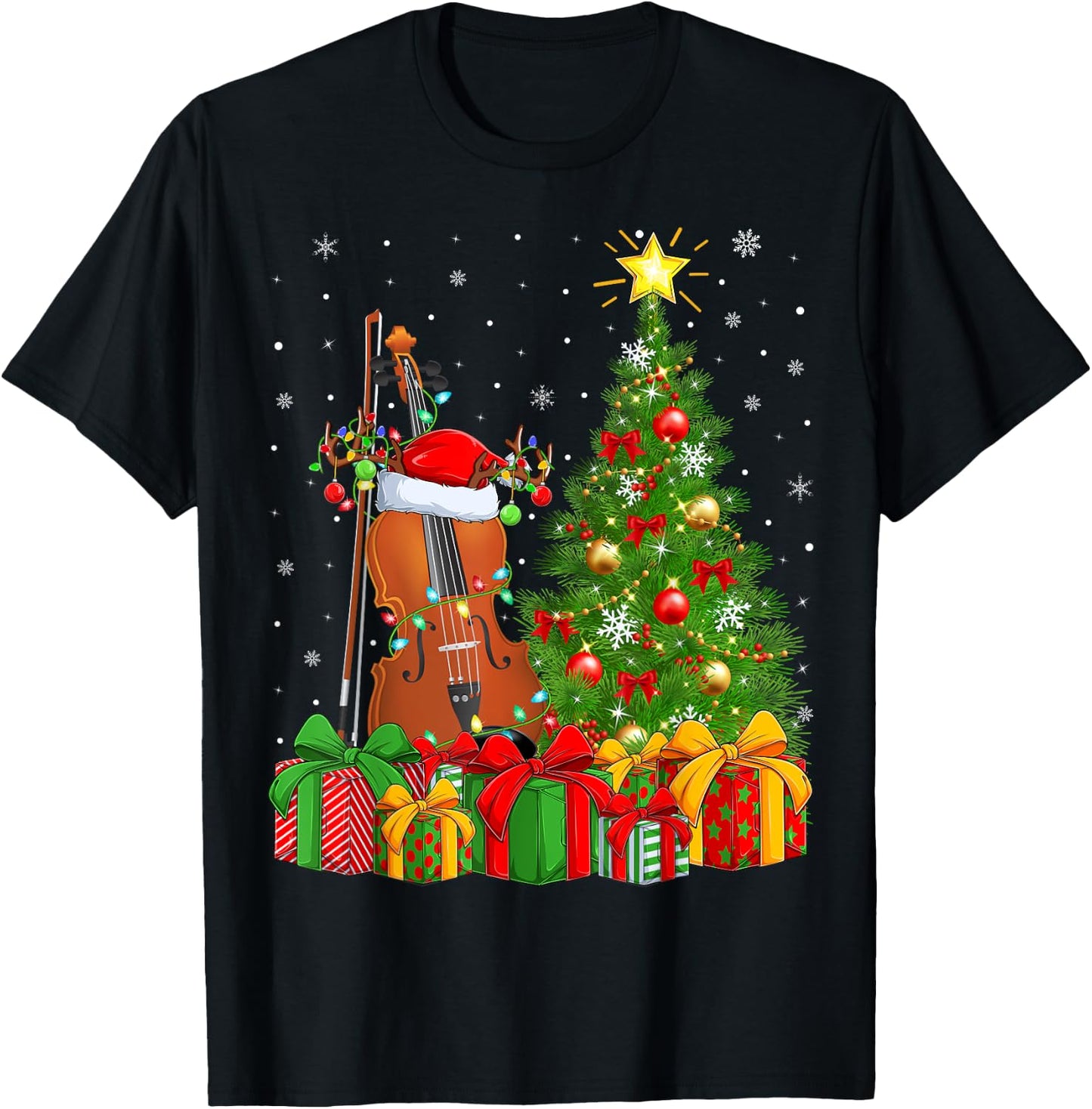 Musical Violin Xmas Tree Lighting Santa Violin Christmas T-Shirt - T-Shirt | Black