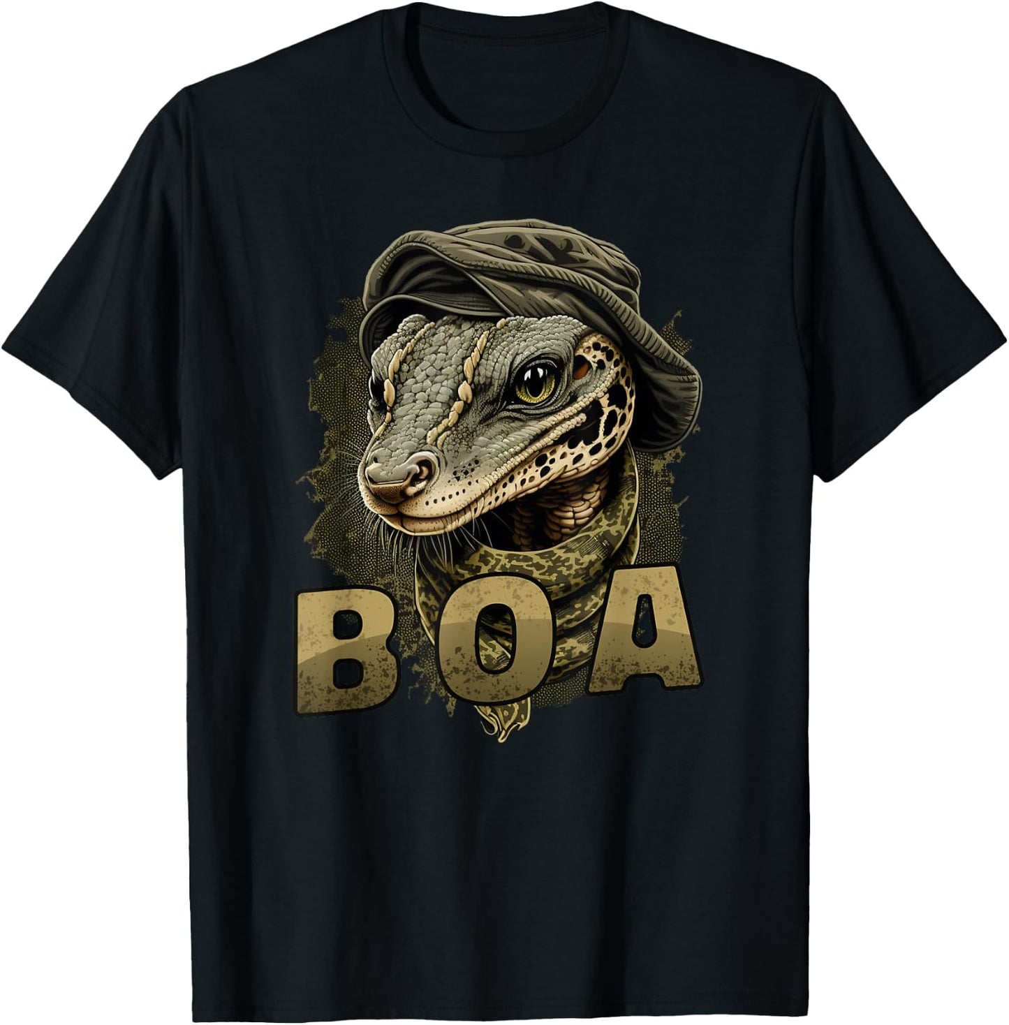 Boa Constrictor Snake in Hat and Scarf Funny Graphic Print T-Shirt - T-Shirt | Black