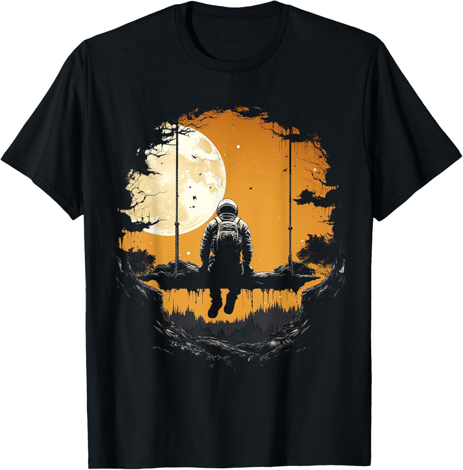 Astronaut Sitting on Swing in Space Stars and Moon T-Shirt - T-Shirt | Black