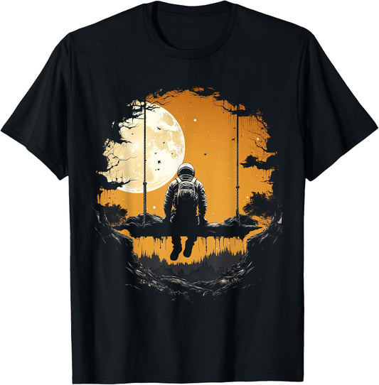 Astronaut Sitting on Swing in Space Stars and Moon T-Shirt - T-Shirt | Black