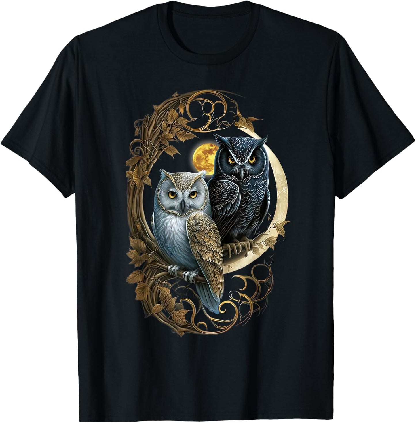 Moon Owl Birds Owl Gifts Graphic Women Boys Girls T-Shirt - T-Shirt | Black