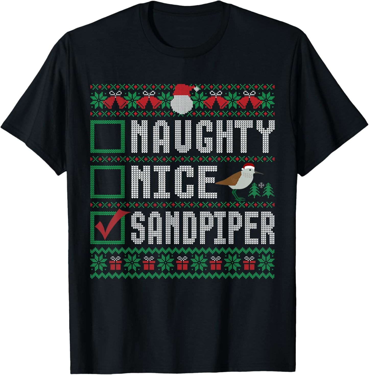 Naughty Nice Sandpiper Birds Animal Lovers Christmas List T-Shirt - T-Shirt | Black