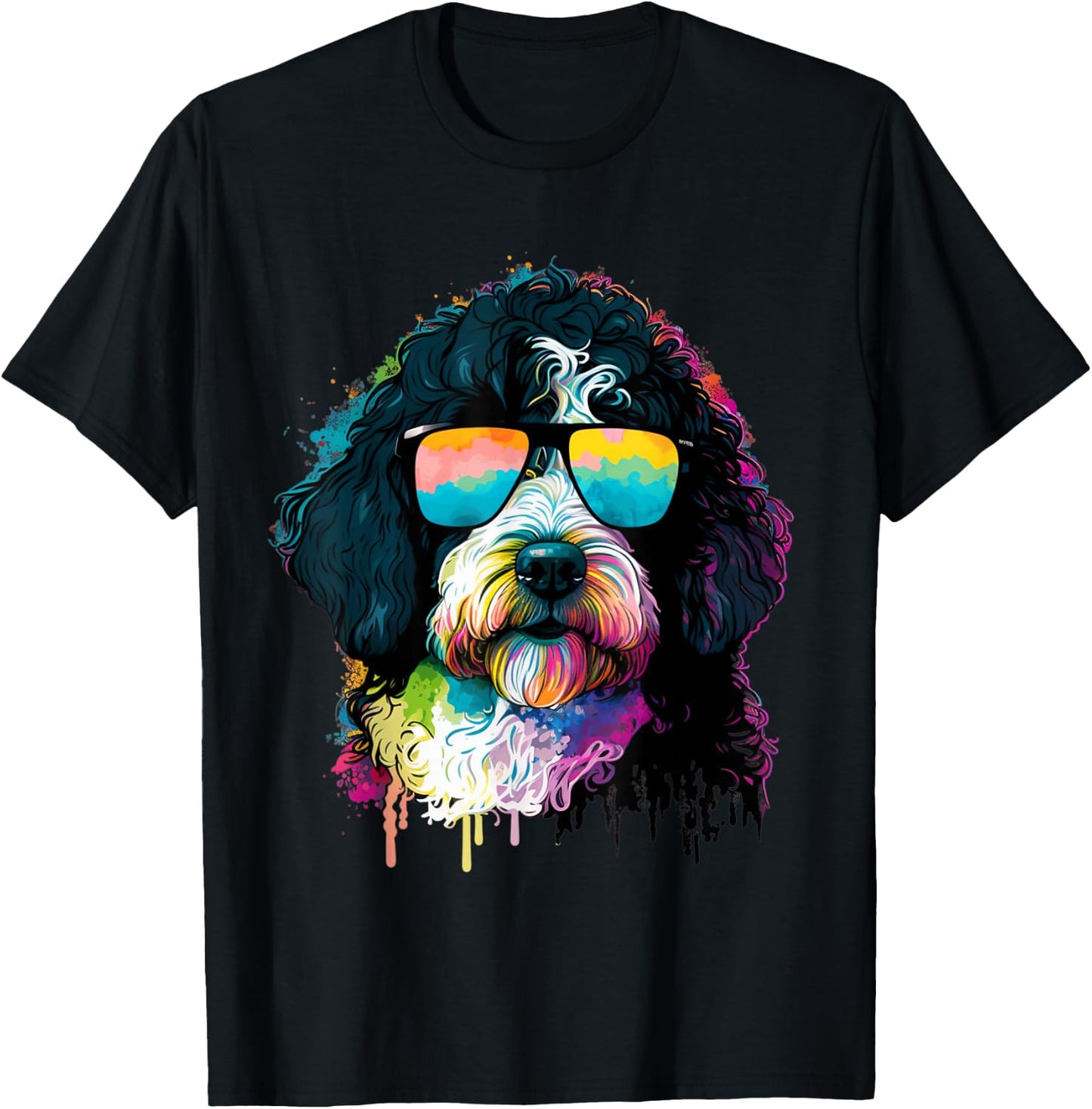 Cute Bernedoodle With Sunglasses Colorful Graphic Dog Lover T-Shirt - T-Shirt | Black