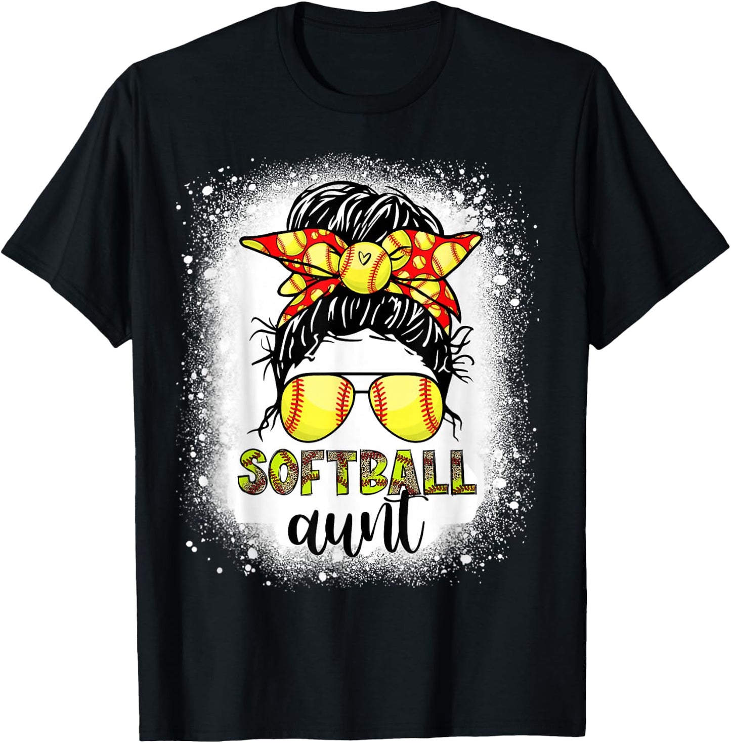Softball Aunt Messy Bun Leopard Bleached Softball Auntie T-Shirt - T-Shirt | Black