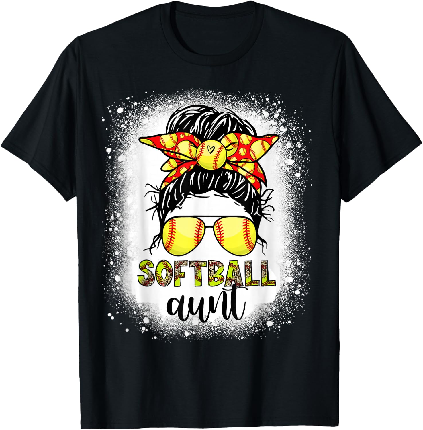Softball Aunt Messy Bun Leopard Bleached Softball Auntie T-Shirt - T-Shirt | Black