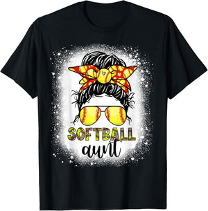 Softball Aunt Messy Bun Leopard Bleached Softball Auntie T-Shirt - T-Shirt | Black