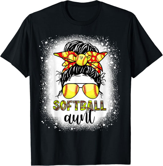 Softball Aunt Messy Bun Leopard Bleached Softball Auntie T-Shirt - T-Shirt | Black