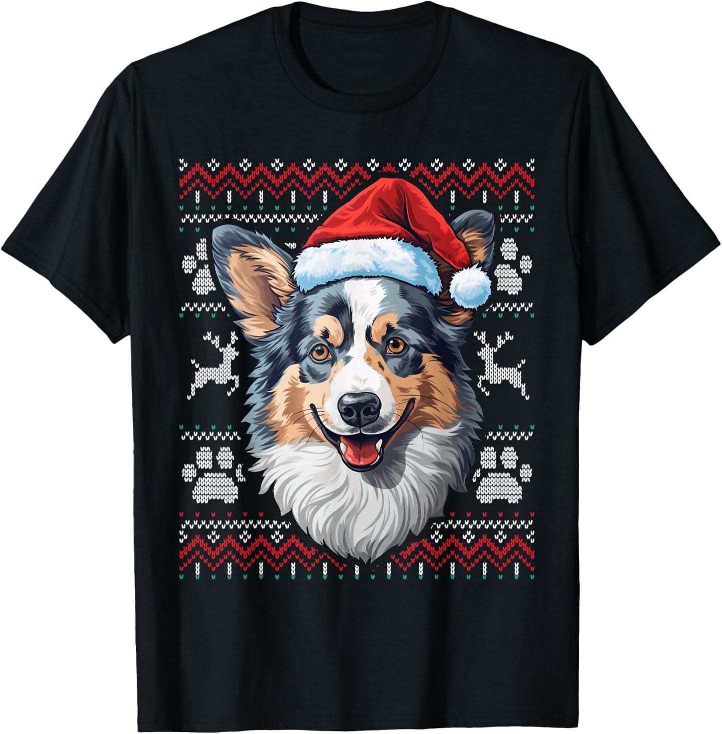 Blue Merle Corgi Santa Hat Christmas Funny Dog Mom Dad T-Shirt - T-Shirt | Black
