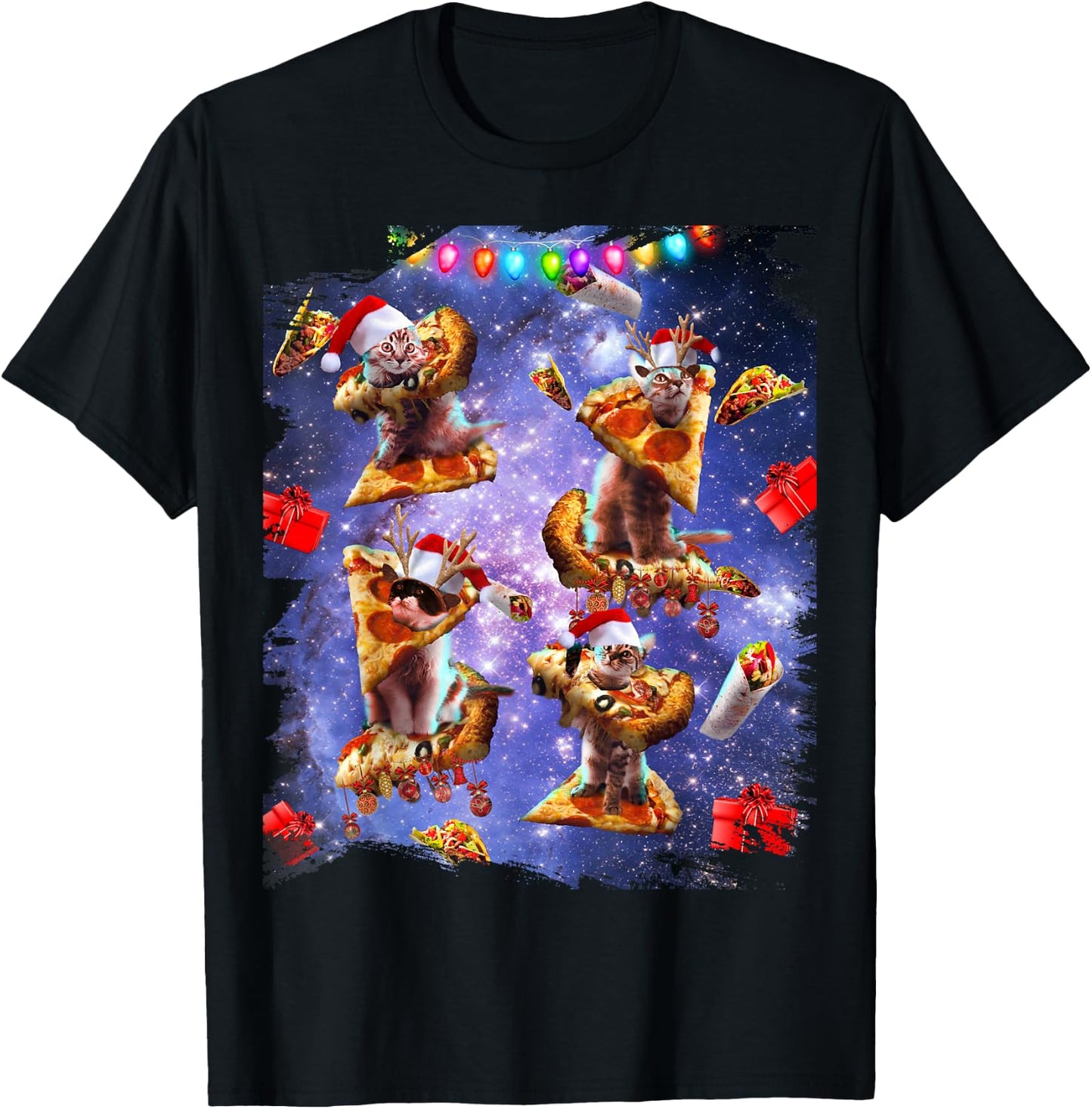 Space Pizza Cat, Christmas Cats, Funny T-Shirt - T-Shirt | Black