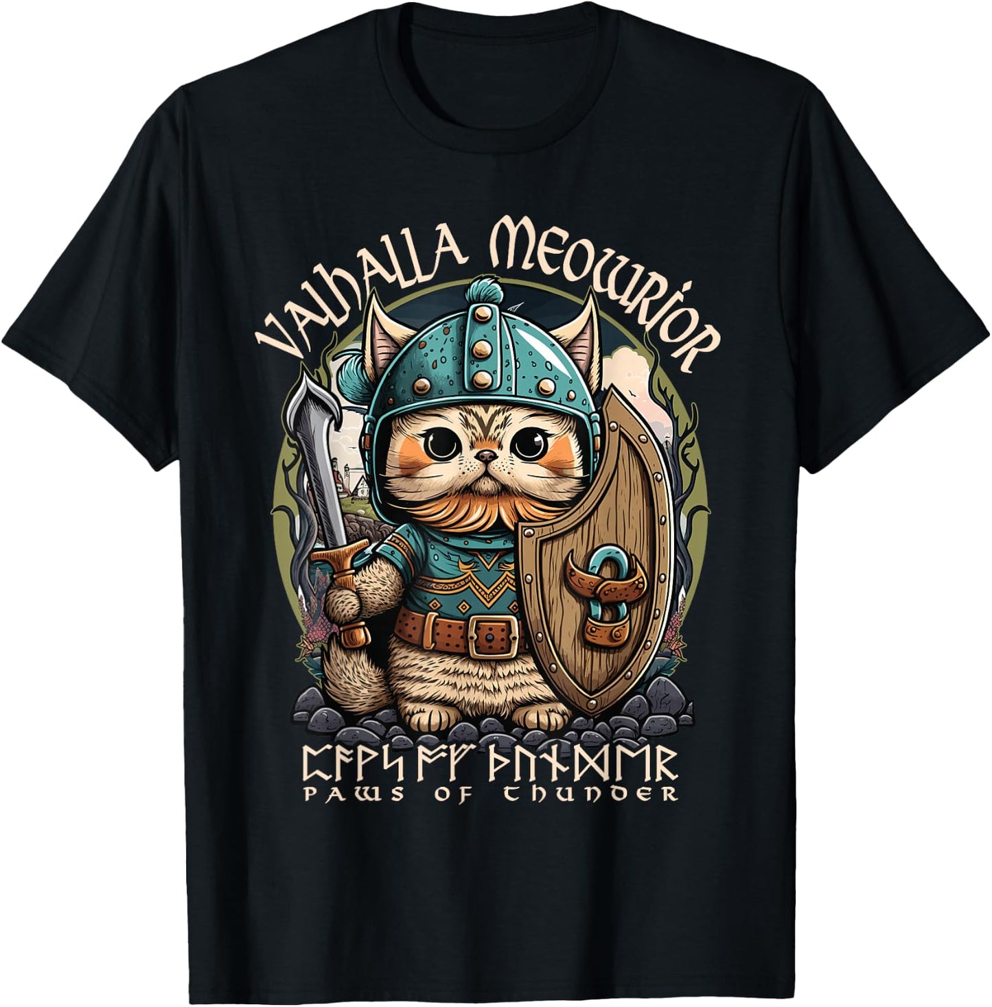 Nordic Norse Viking Cat Warrior , Men, Kids T-Shirt - T-Shirt | Black