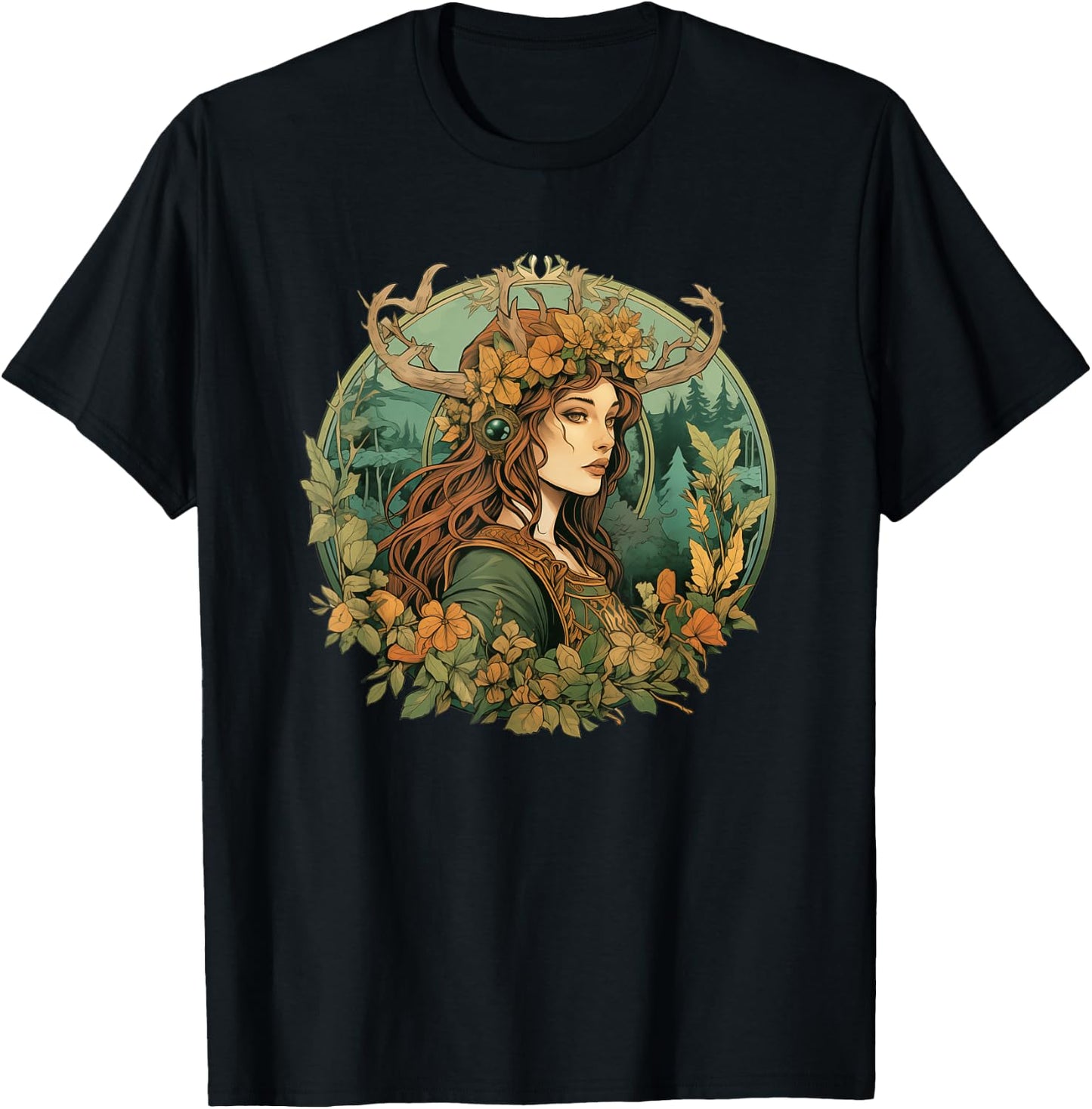 Art Nouveau Female Druid Adventurer Wanderer Nature Roleplay T-Shirt - T-Shirt | Black