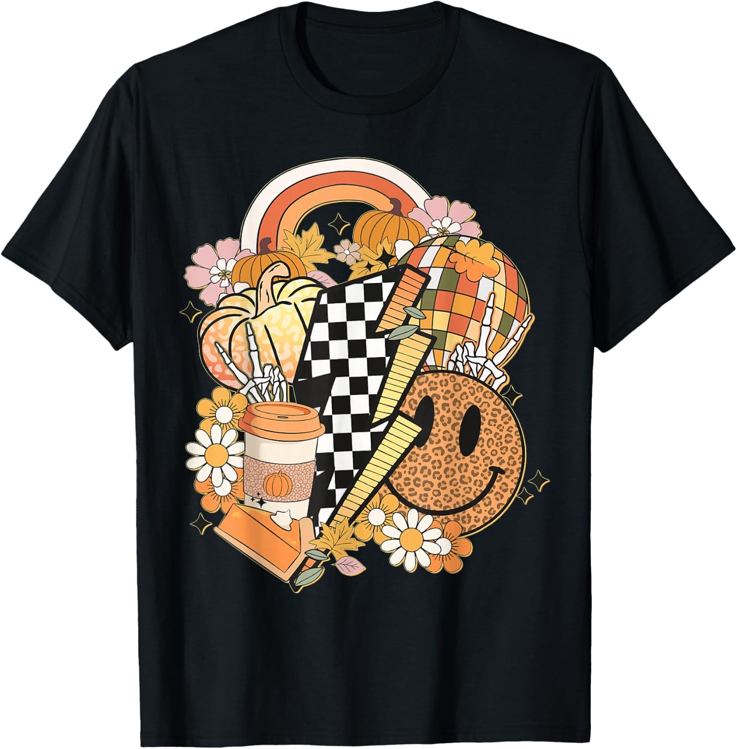 Groovy Fall Vibes Smile Face Autumn Coffee Cup Fall Women T-Shirt - T-Shirt | Black