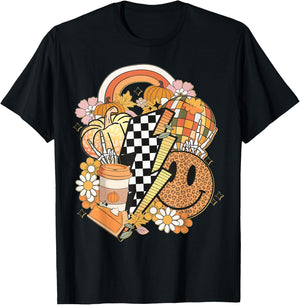 Groovy Fall Vibes Smile Face Autumn Coffee Cup Fall Women T-Shirt - T-Shirt | Black