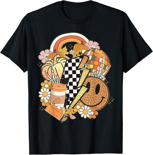 Groovy Fall Vibes Smile Face Autumn Coffee Cup Fall Women T-Shirt - T-Shirt | Black