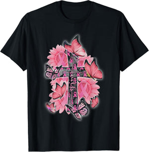 Faith Pink Ribbon Butterflies Breast Cancer Awareness Women T-Shirt - T-Shirt | Black