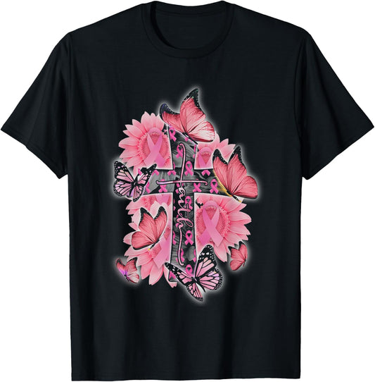 Faith Pink Ribbon Butterflies Breast Cancer Awareness Women T-Shirt - T-Shirt | Black