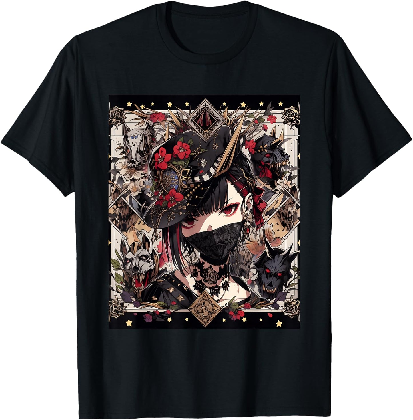 Veiled Mystery: Japanese Young Gothic Girl in a Mask T-Shirt - T-Shirt | Black