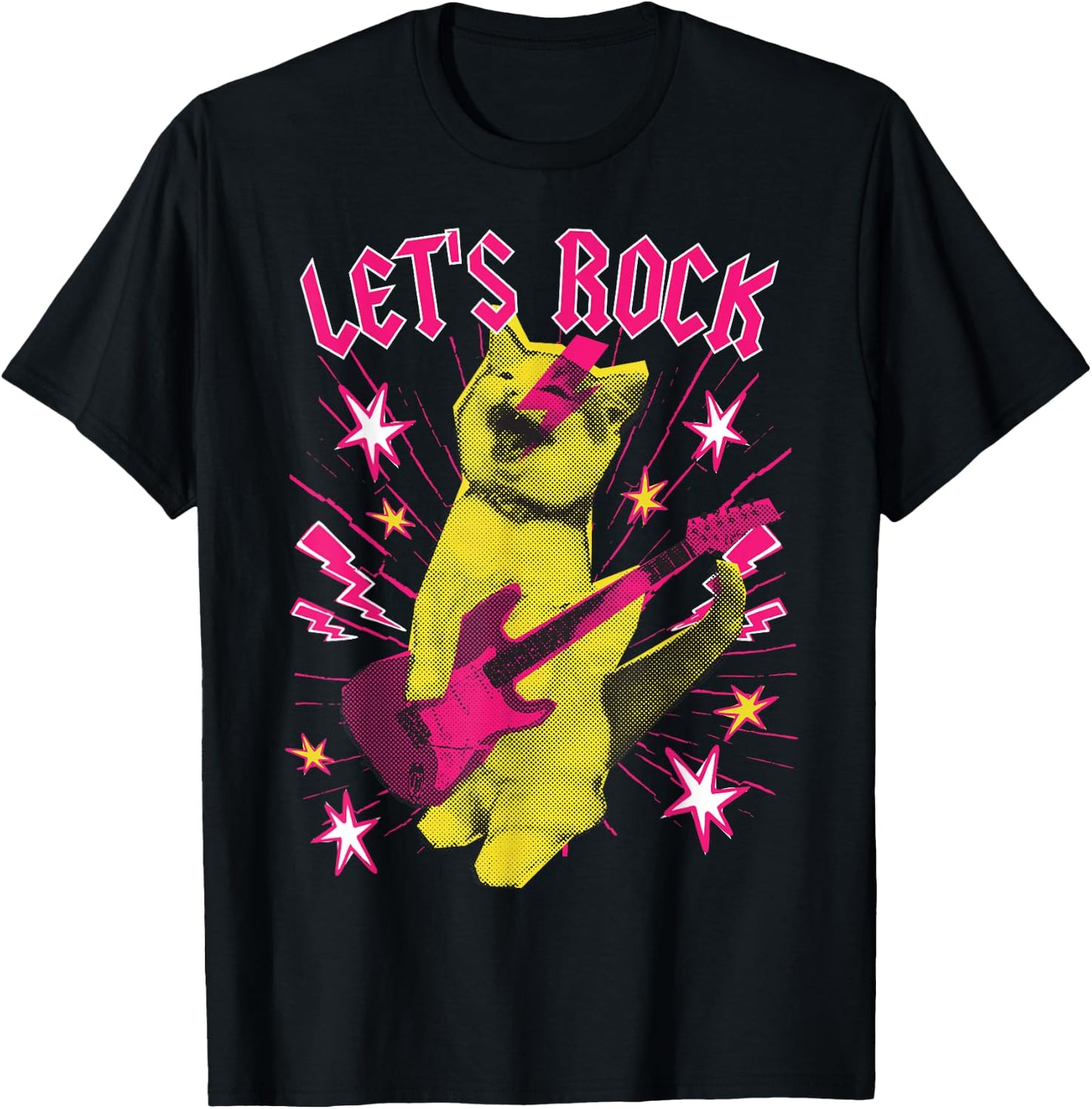 80s Rock N Roll Girl Cat, Let's Rock T-Shirt - T-Shirt | Black