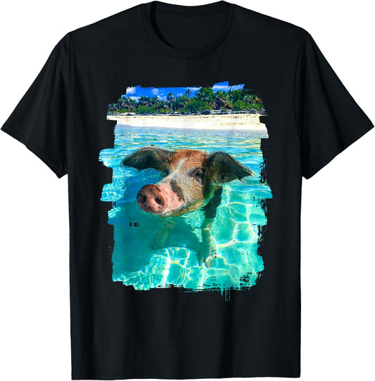 The Bahamas Swimming Pig Caribbean Beach Trips Summer Vibes T-Shirt - T-Shirt | Black