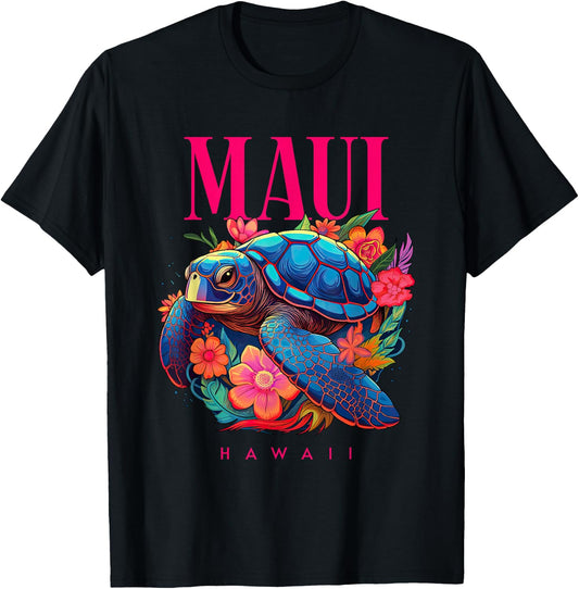 Maui Hawaii Floral Beach Turtle Souvenir Women Kids T-Shirt - T-Shirt | Black