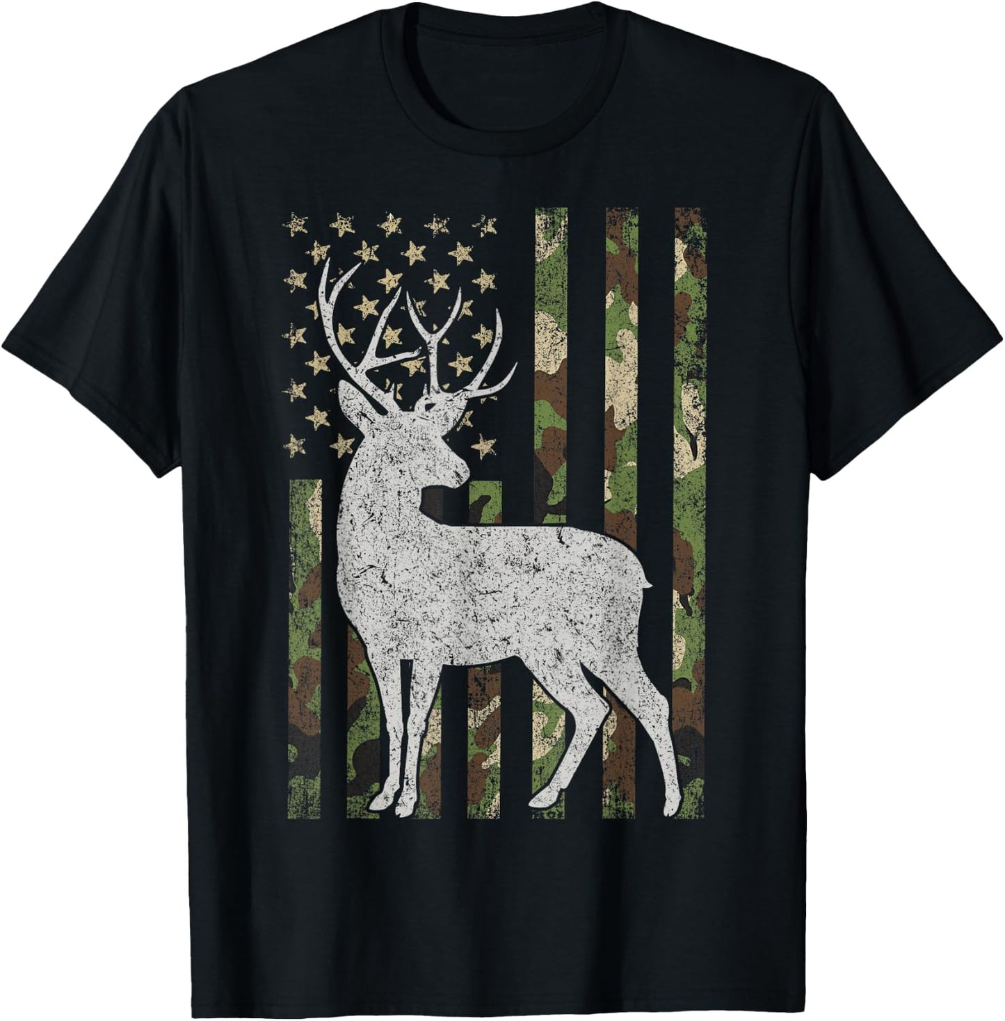 Whitetail Buck Deer Hunting Camouflage USA Flag 4th of July T-Shirt - T-Shirt | Black