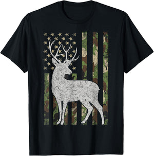 Whitetail Buck Deer Hunting Camouflage USA Flag 4th of July T-Shirt - T-Shirt | Black
