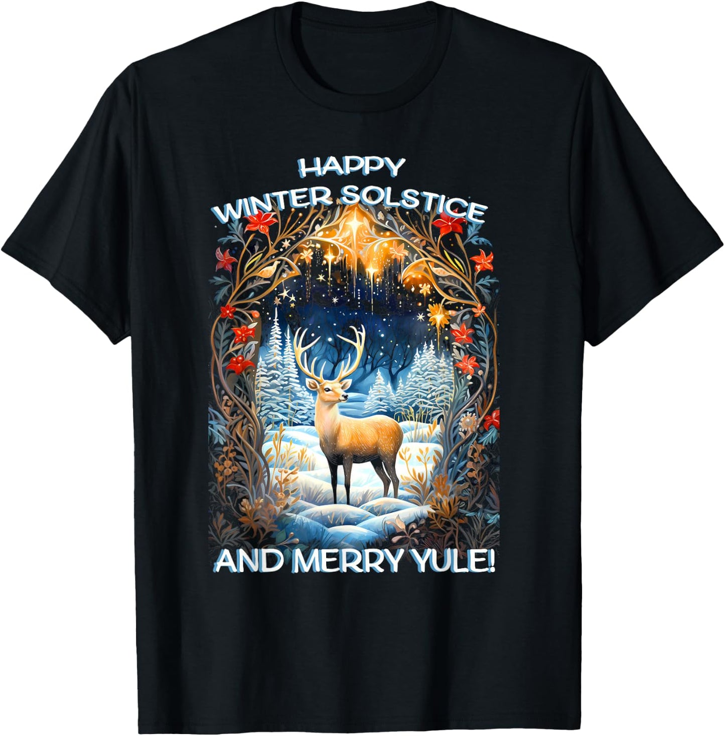 Merry Solstice Happy Yule Christmas Bird Nordic Xmas Graphic T-Shirt - T-Shirt | Black