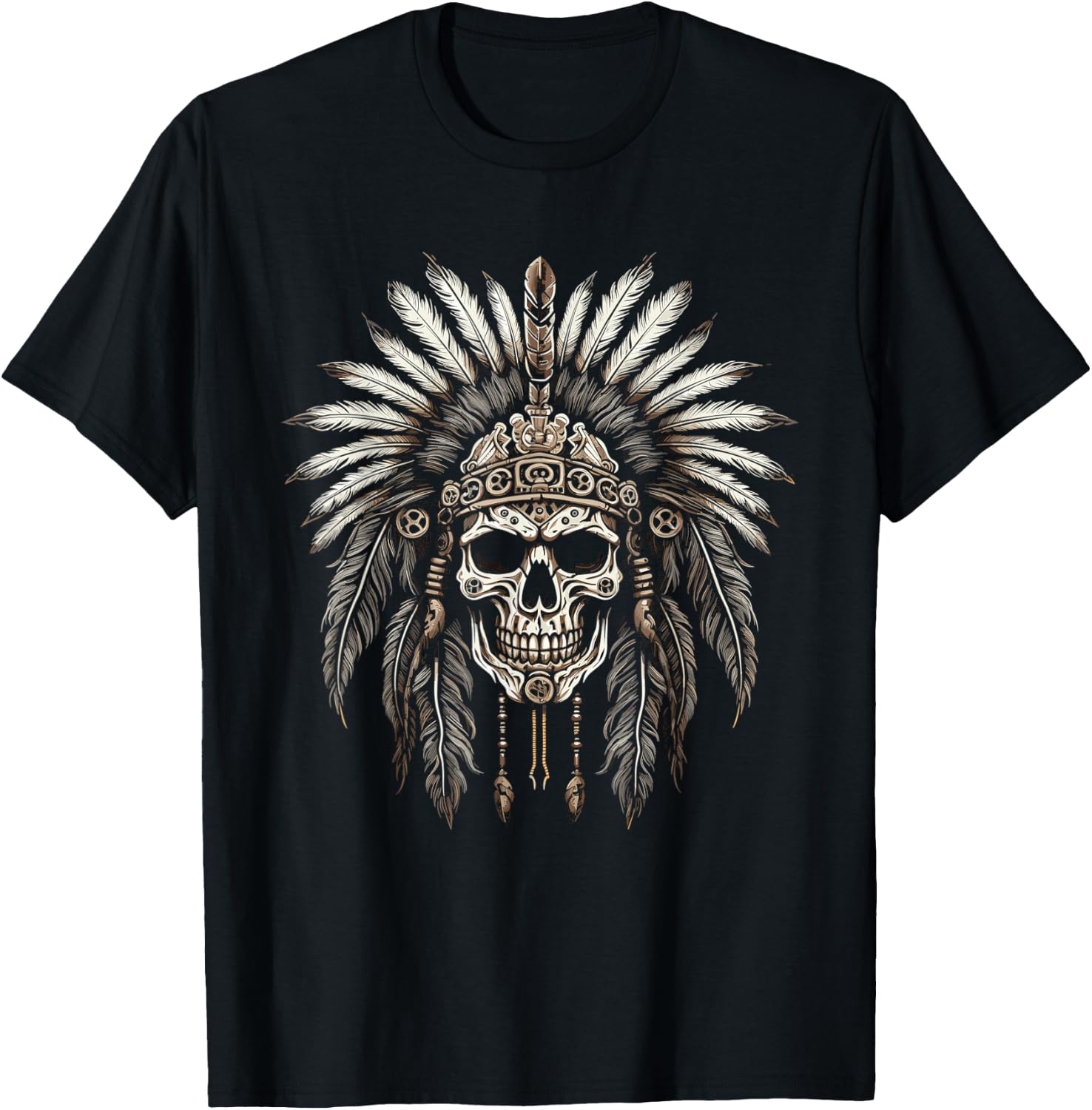 Native American Chief Skull Indian Headdress T-Shirt - T-Shirt | Black