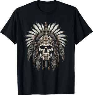 Native American Chief Skull Indian Headdress T-Shirt - T-Shirt | Black