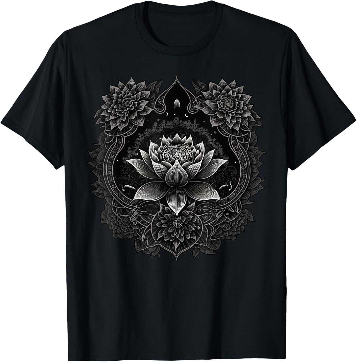 Spiritual Zen Lotus Flower on Mandala Lotus Flower T-Shirt - T-Shirt | Black