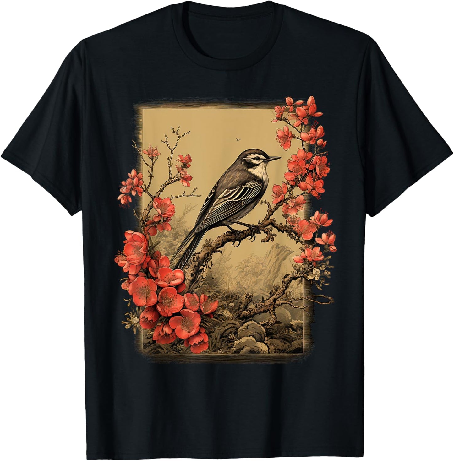 Vintage Bird and Flowers Japanese Art T-Shirt - T-Shirt | Black