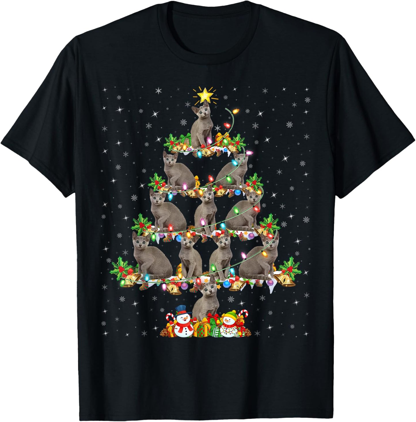 Russian Blue Cat Xmas Lights Russian Blue Cat Christmas Tree T-Shirt - T-Shirt | Black