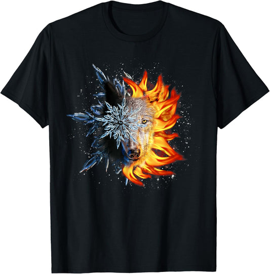 Fire and Ice Wolf, Sun and Moon Wolves T-Shirt - T-Shirt | Black