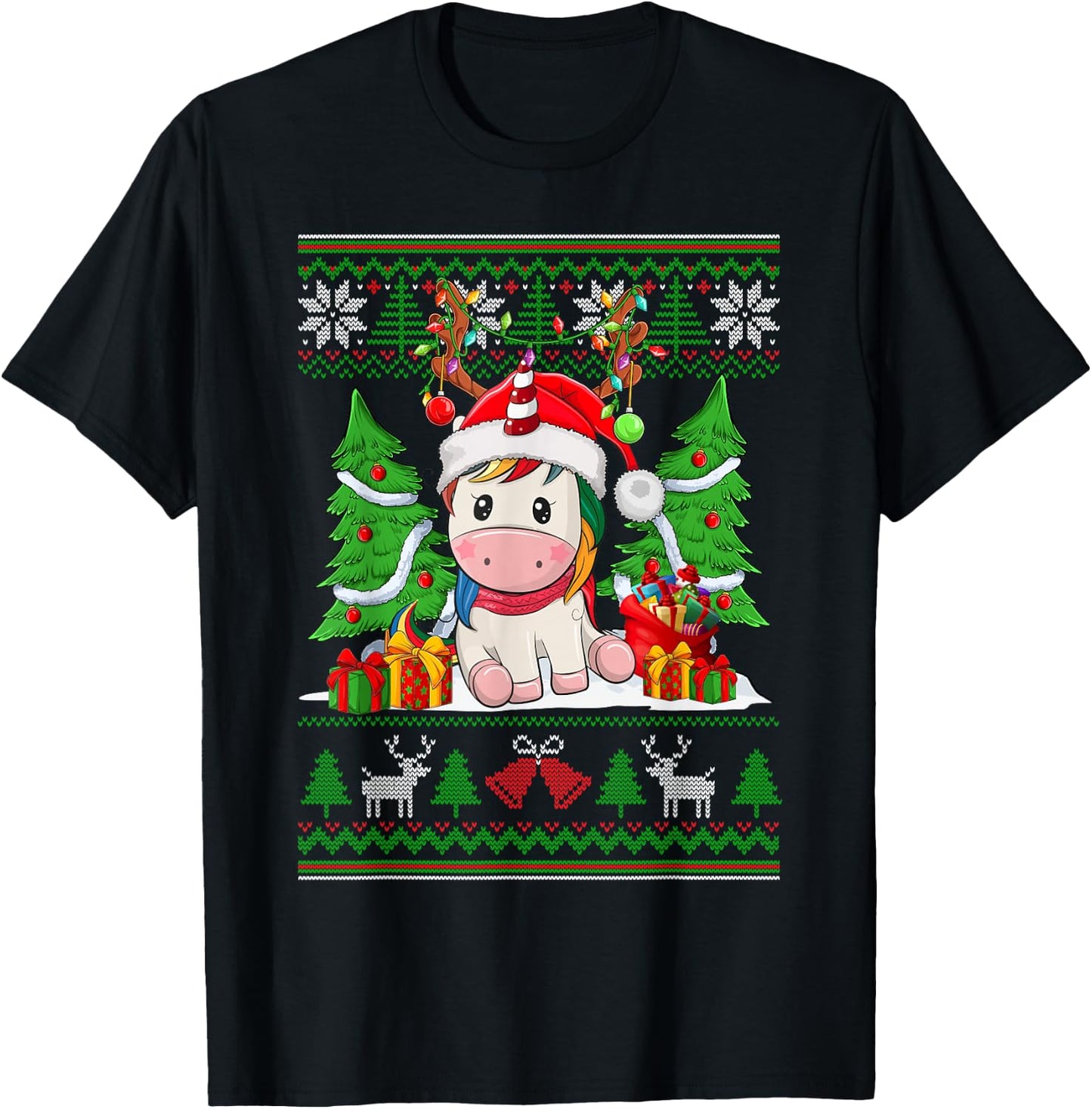 Christmas Girls Xmas Unicorn Deer Ugly Christmas Sweater T-Shirt - T-Shirt | Black