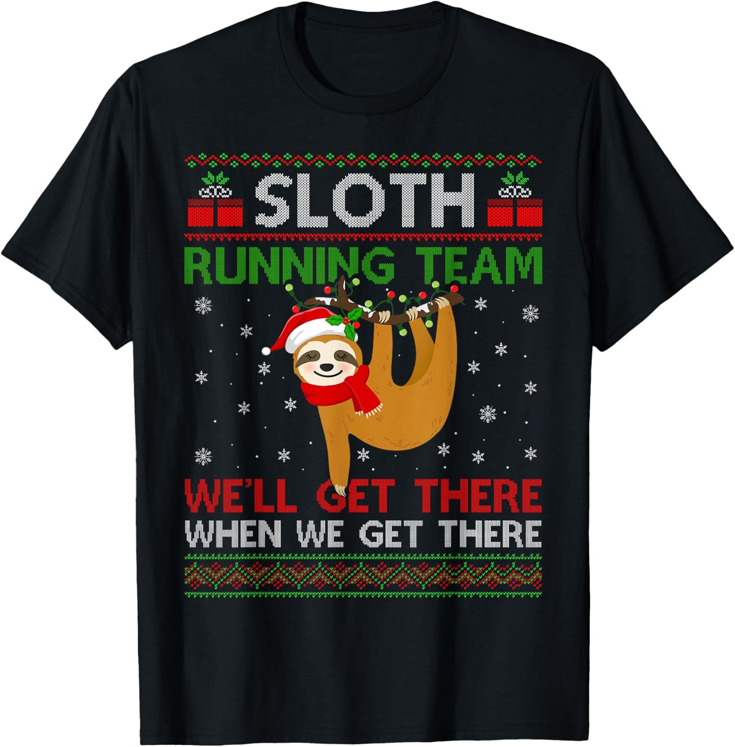 Funny Sloth Running Team Xmas Lights Ugly Sloth Christmas T-Shirt - T-Shirt | Black
