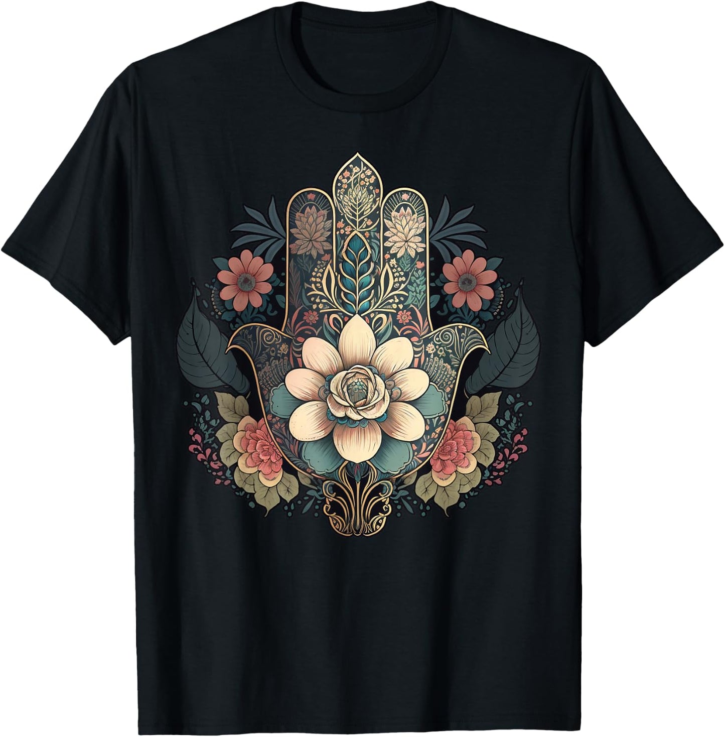 Khamsah or flower Hand of Fatima on floral Hamsa Hand T-Shirt - T-Shirt | Black