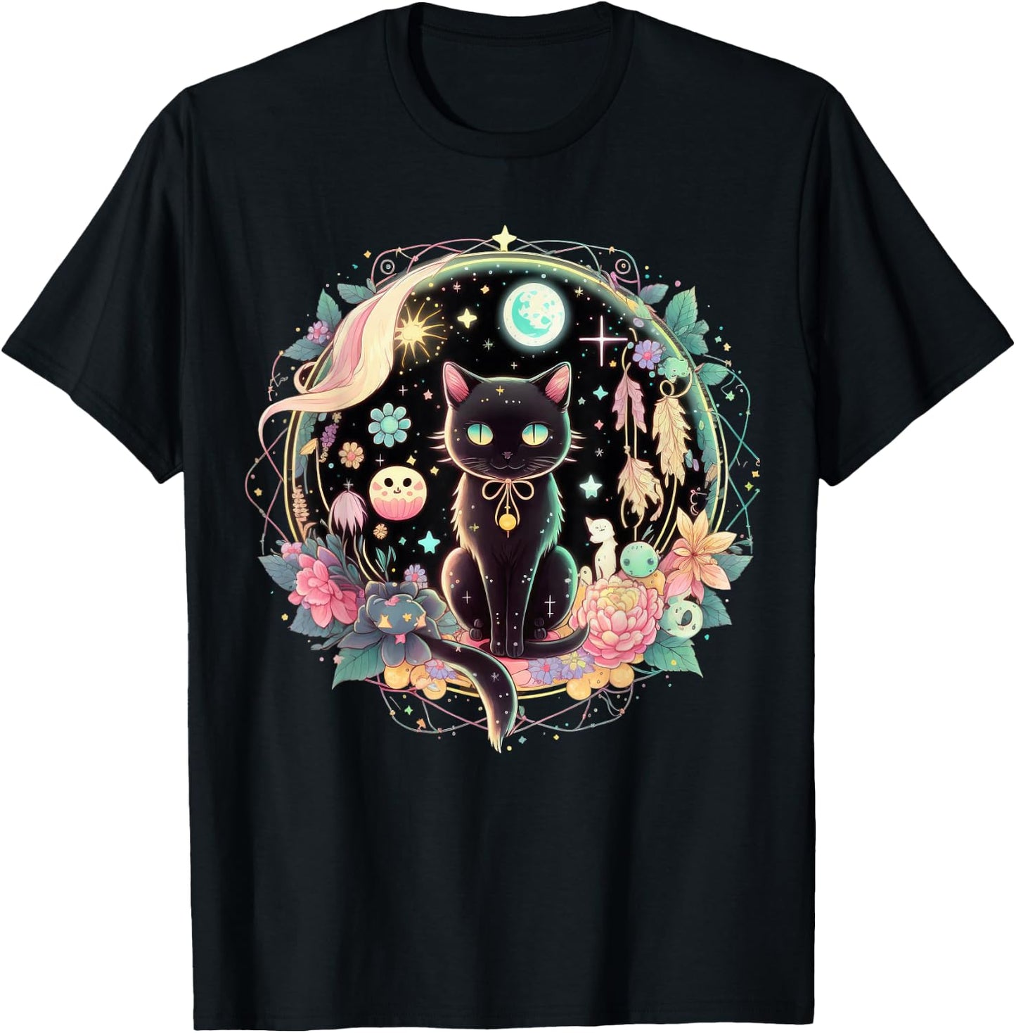 Moon Phases Crystal Witchy Cute Black Cat Kawaii Pastel Goth T-Shirt - T-Shirt | Black