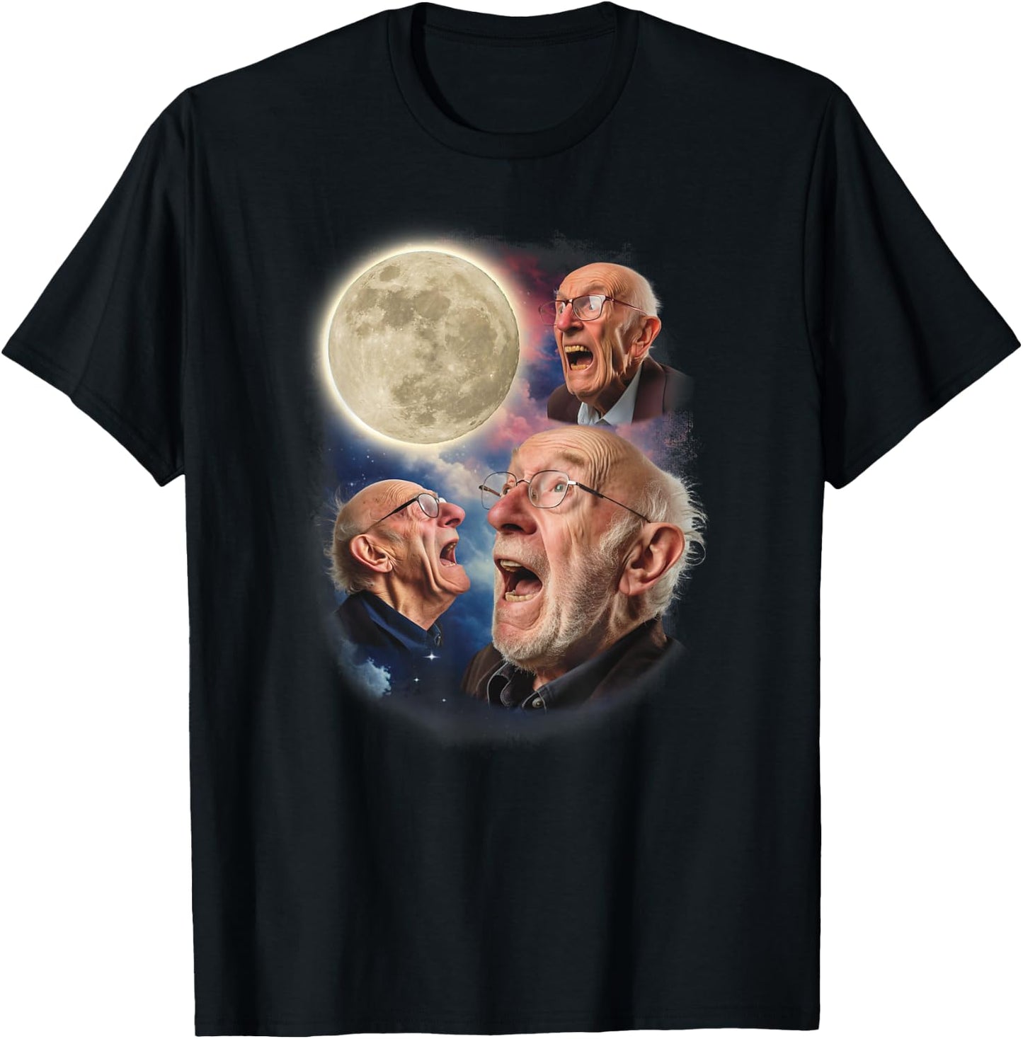 Three Grandpa Moon Old Men Howl At Moon Weird Cursed Meme T-Shirt - T-Shirt | Black