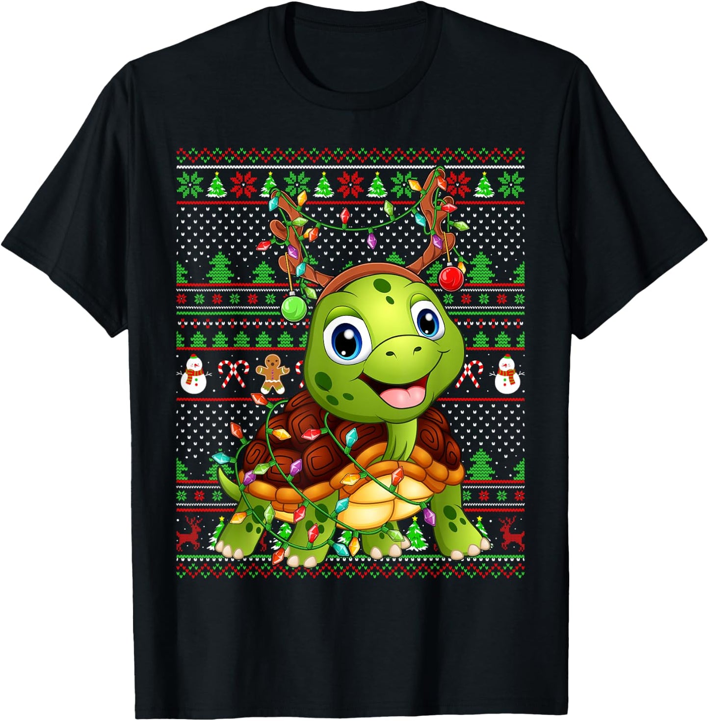Ugly Xmas Sweater Style Lighting Turtle Christmas T-Shirt - T-Shirt | Black