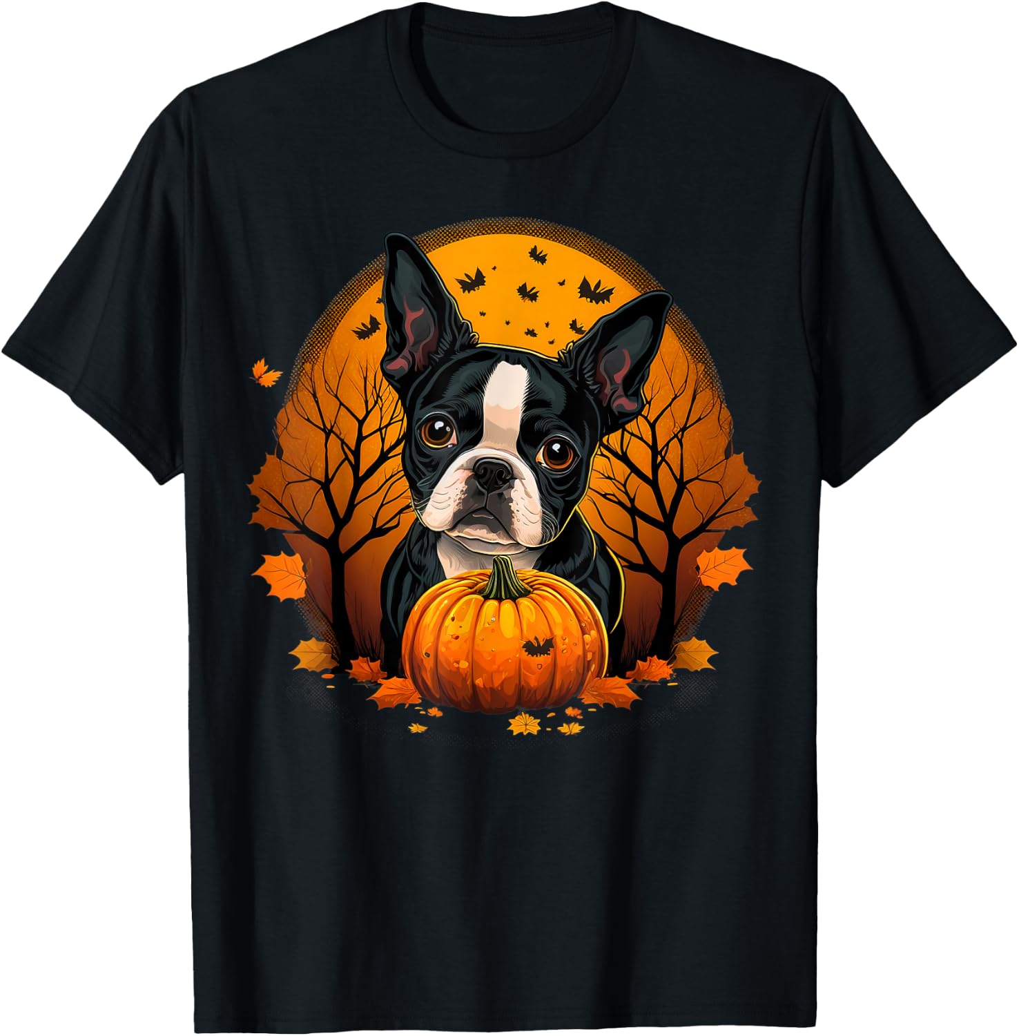 Pumpkin Boston Terrier Costume on Boston Terrier Halloween T-Shirt - T-Shirt | Black